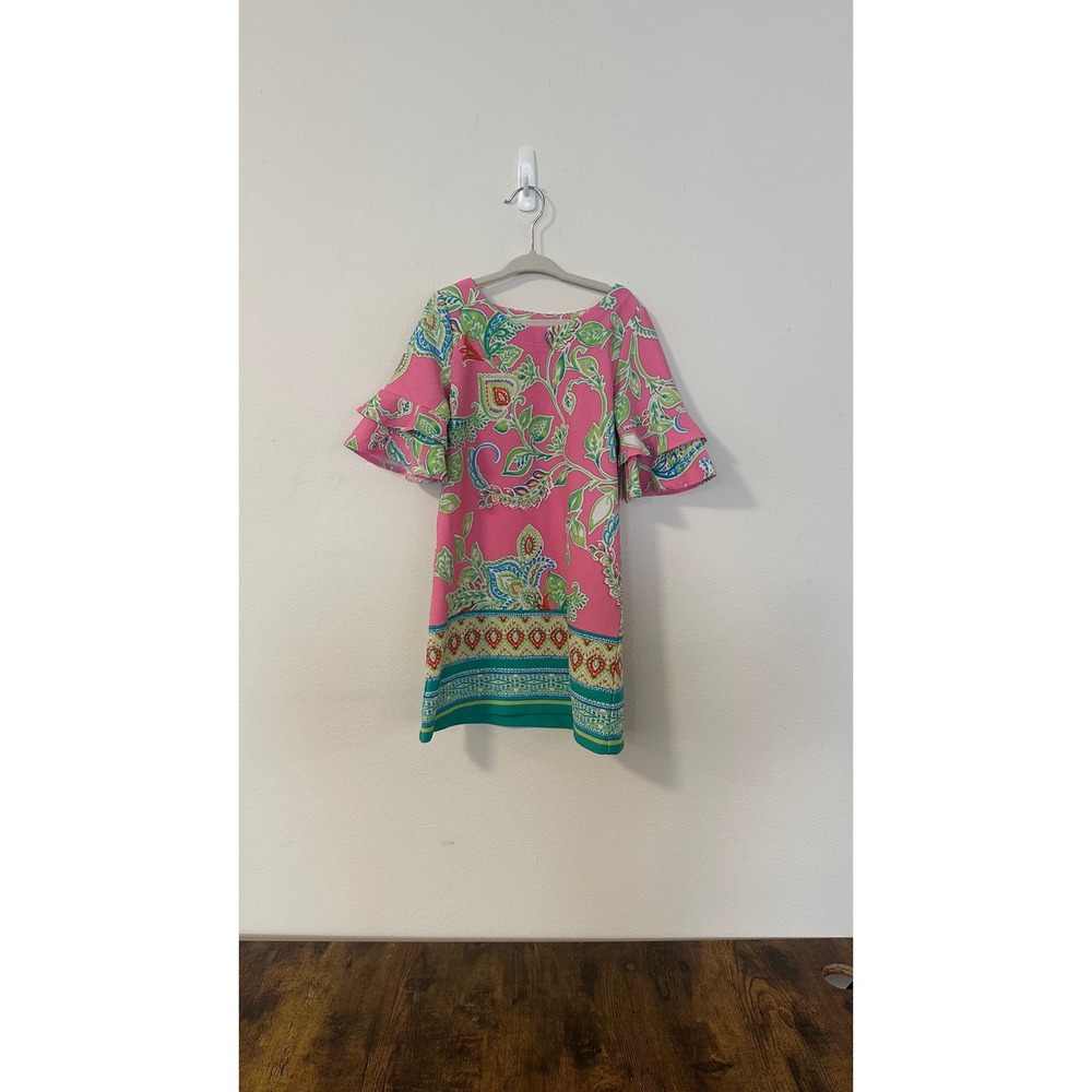 Pappagallo Girls Pink Floral Paisley Ruffle Bell Sleeve Shift Dress Size XS